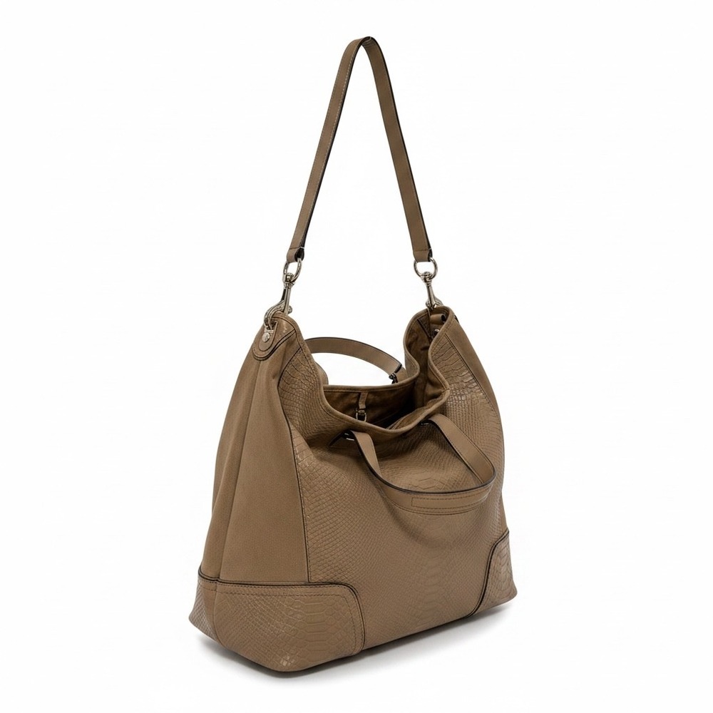 Coach Madison Maggie Tan Leather Suede Python Embossed Hobo Bag Tote Large